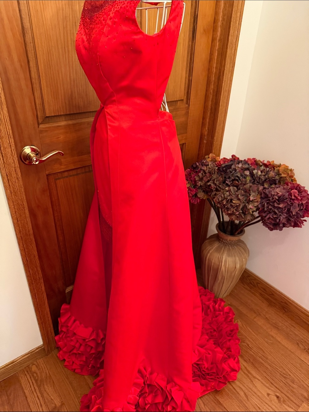 Rachel Allan Red High-Low Evening Gown with Ruffle Train - Picture 7 of 16